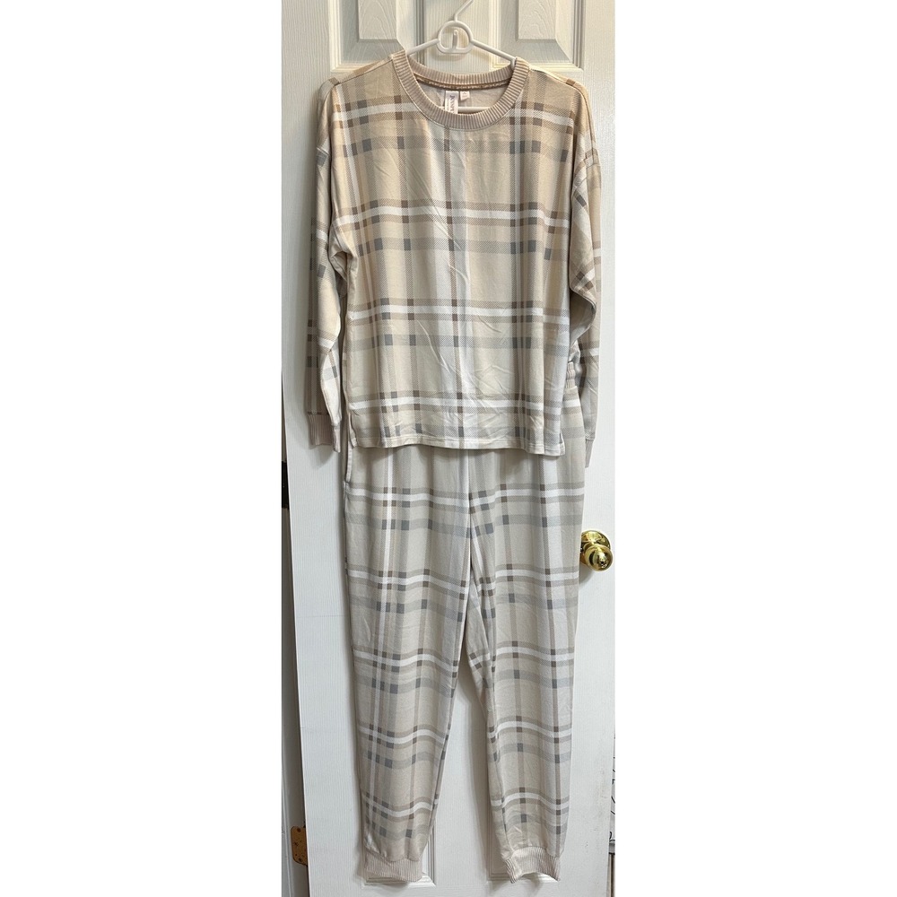 Joyspun Cozy Lounge Collection Plaid Pajama Set Tan Cream Womens Medium 8-10